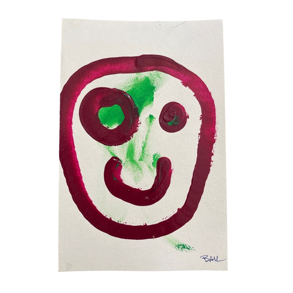 Original Abstract Face Painting Signed BAIL Green Magenta Mixed Media 5.5x8.5